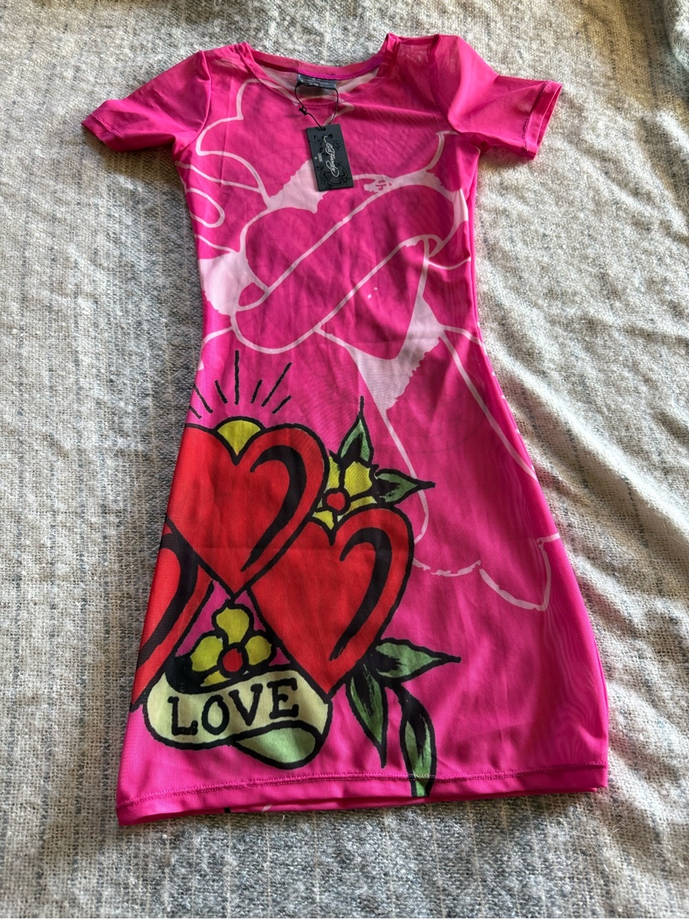 Hot Pink Ed Hardy Swim Hearts Skulls Mesh New York City Bikini Cover Up NWT M